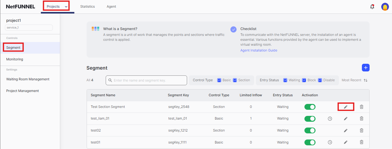 NetFUNNEL console edit segment button of section control