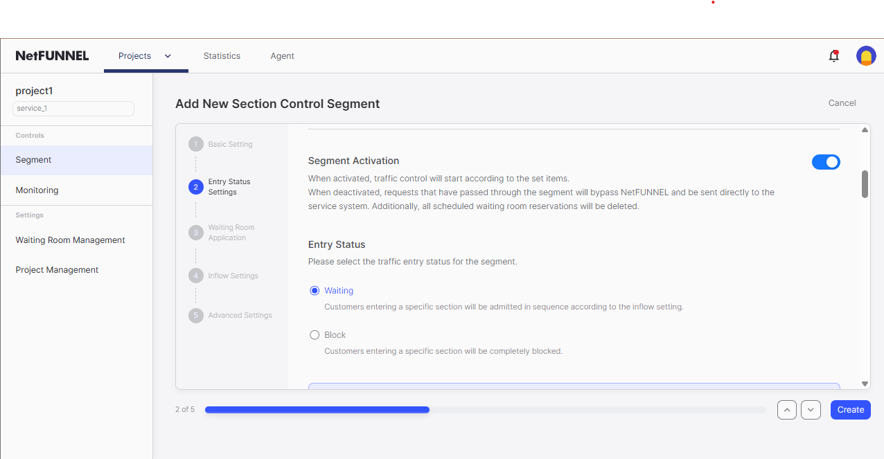 Entry section segment status settings