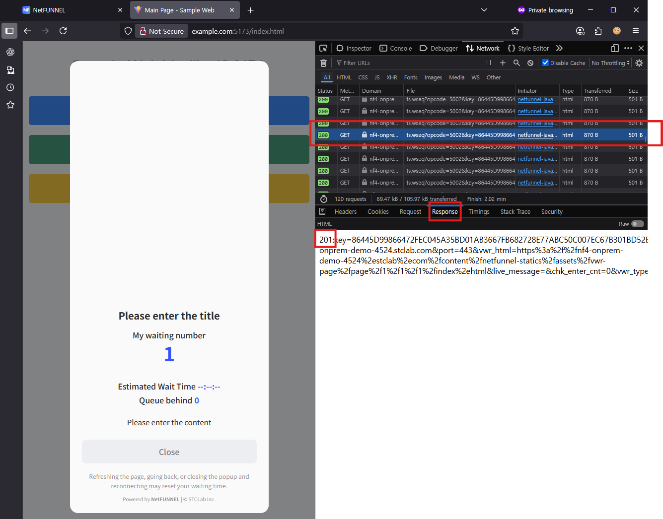 Response body showing 201 (WAIT)